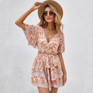 Floral Print Boho Wrap Romper Tie Waist Flutter Sleeve - Size Small